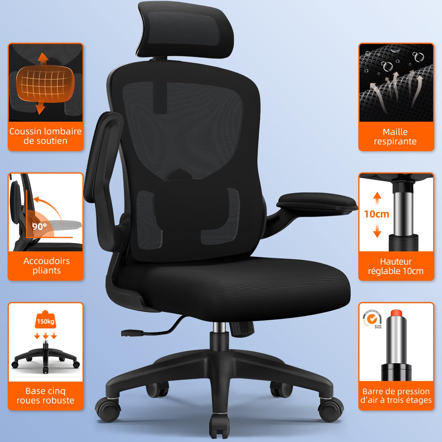Chaise Bureau Ergonomique, Chaise de Bureau Inclinable Pivotant, Fauteuil de Bureau 150kg Confortable à roulettes, Appui-tête et Accoudoirs Ajustables, Siège Bureau avec Le Support Lombaire
