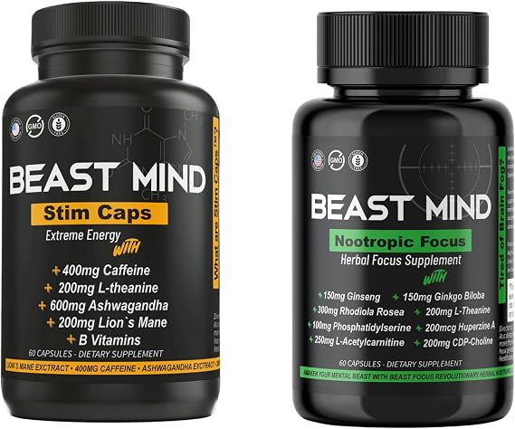 Beast Mind: حزمة الطاقة والتركيز - الكافيين والأشواغاندا + مزيج منشط الذهن لتحقيق ذروة الأداء