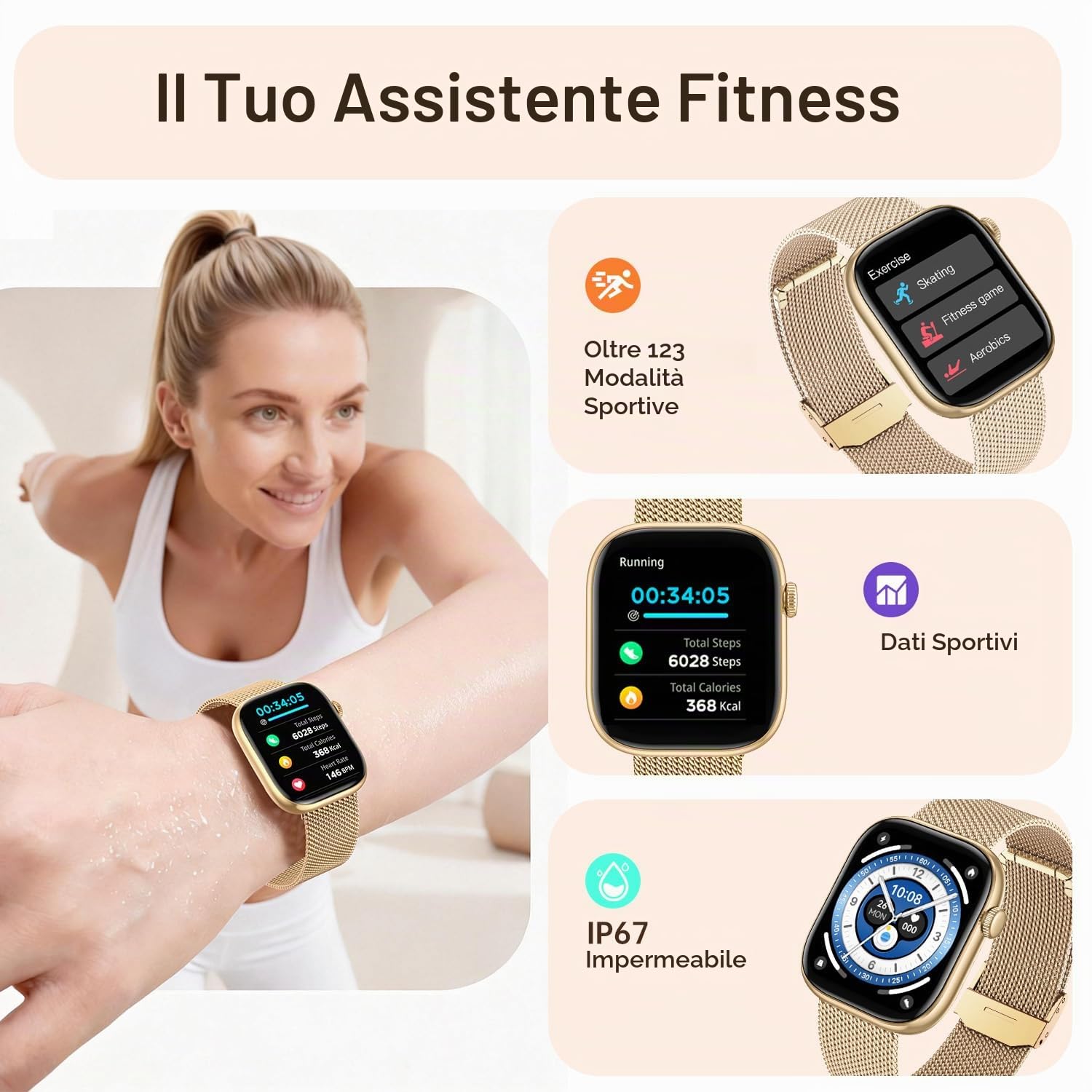 Smartwatch Donna Orologio con Chiamate Bluetooth: 1.83" Oro Smart Watch con QuadranteDinamico Contapassi Monitoraggio Sonno Sportivo Fitness Tracker IP67 impermeabile AI Vocale Compatibile Android iOS