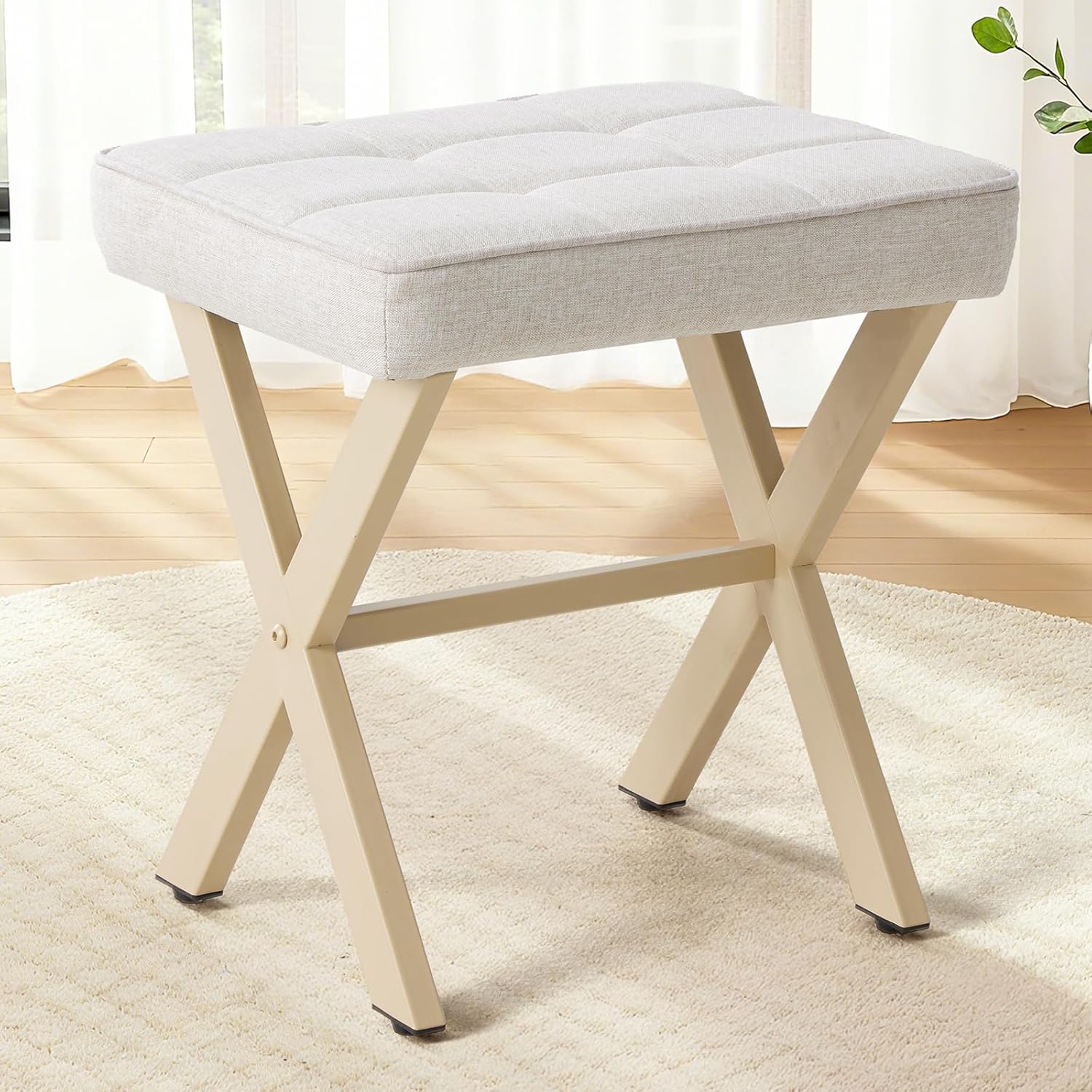 Sweetcrispy Beige Linen Vanity Stool Ottoman - Square Makeup Footstool with Metal X Legs, Compact 18" Padded Seat for Bedroom, Bathroom, Entryway