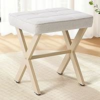 Sweetcrispy Beige Linen Vanity Stool Ottoman - Square Makeup Footstool with Metal X Legs, Compact 18" Padded Seat for Bedroom, Bathroom, Entryway