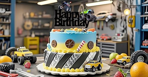 Miniatura 3 de Decoración de pastel de camión monstruo de feliz cumpleaños, decoración de pastel de auto de monstruo, camión de carreras, decoración de pastel de