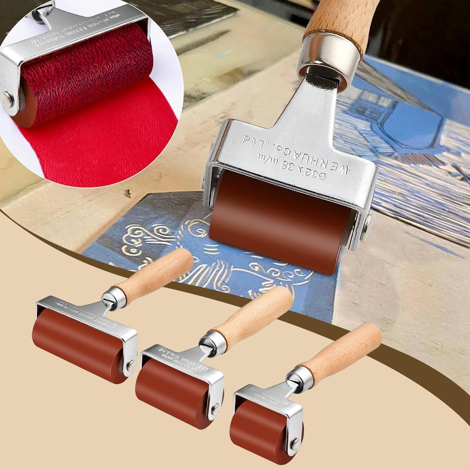 3 Pezzi Brayer Roller Strumento Olio Pittura Applicatore Inchiostro Rullo Gomma Manico Legno Adatto per Stampa Artistica Scrapbooking Decorazione Casa