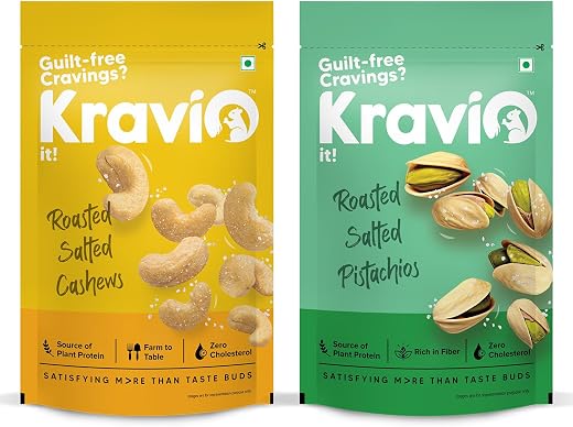 Kravio Premium Roasted Salted Cashew &amp; Pistachio Nuts (2 X 200g) | Zero Cholesterol Natural Whole Kaju &amp; Inshell Californi...