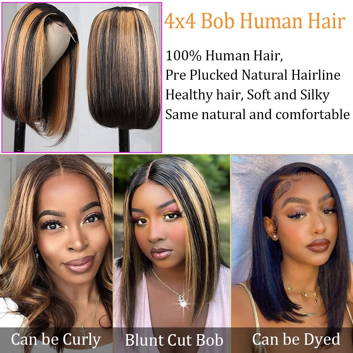 Colorful Bird Highlight Ombre 4x4 Lace Frontal Bob Wig Human Hair Straight Glueless Honey Blonde Balayage FB30 Short Wigs for Women 150% Density Pre Plucked Hairline 8 inch