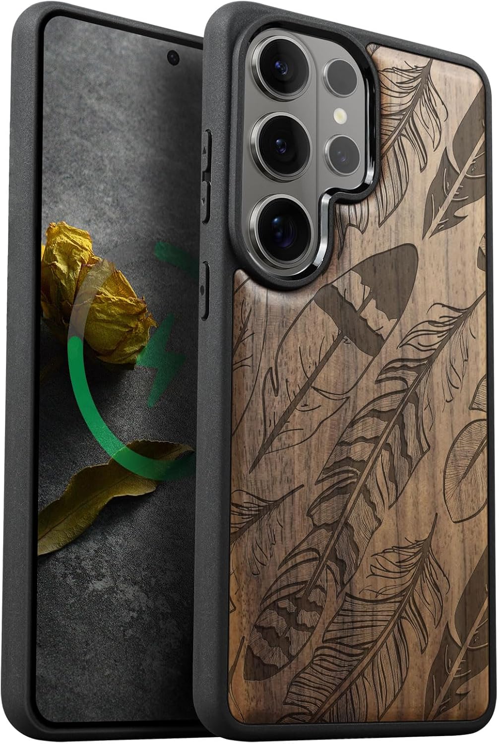Carveit Magnetic Wooden Case for Samsung Galaxy S26 Ultra Case 2026, TPU Shockproof Cover & Wood Artisan Engraved, Compatible with MagSafe Wireless Chargers (Feathered Array) Walnut