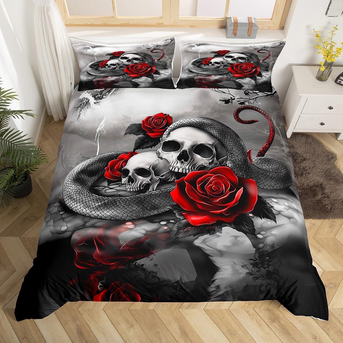 Erosebridal Fire Skull Bedding Set 3D Flame Skull Duvet Cover King Size for Adults Men Bedroom Decor,Gothic Skeleton Comforter Cover Fiery Style Black Tint Soft Lightweight Bed Set