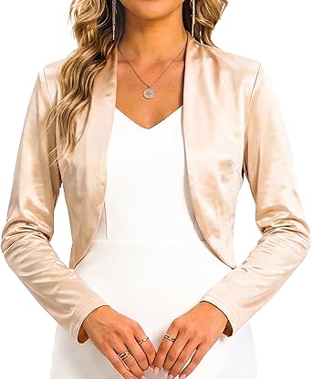 Womens Satin Long Sleeve Bolero Shrug Open Front Formal Jacket Cardigans