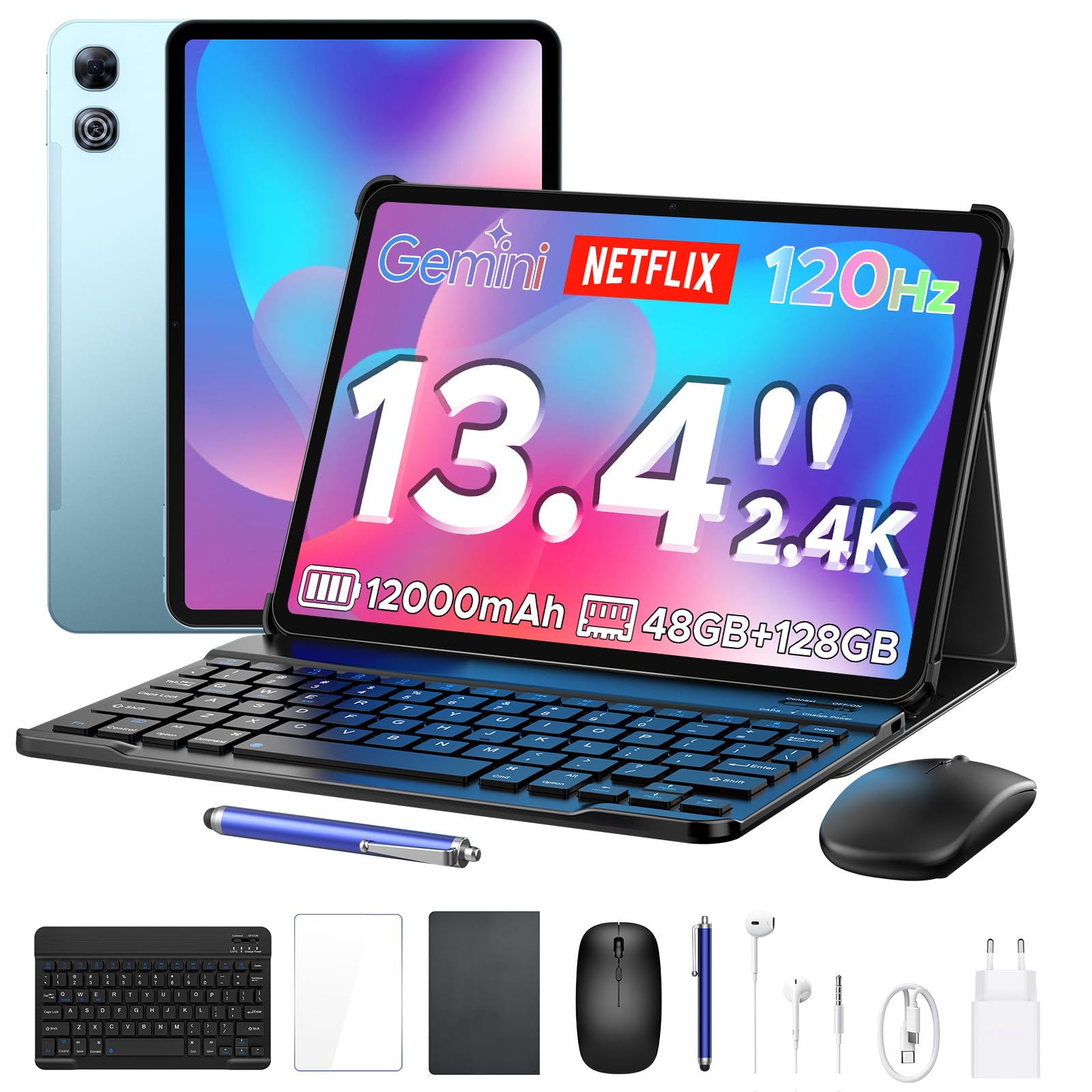P13 Tablet Android 16, Tablet 13 Pulgadas, Gemini AI, 48GB RAM+128GB ROM/2 TF, 12000mAh/18W, IPS 2.4K, 120Hz, T7280 Octa-Core, 16MP, Face ID, 5G WiFi, GPS, OTG, Tablet con Teclado y Lapiz, Negro — view 12