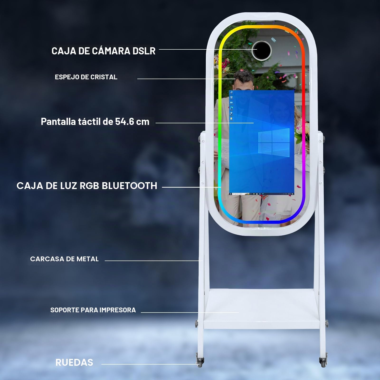 Máquina de fotomatón de espejo mágico con pantalla táctil de 21.5 pulgadas, máquina de fotomatón para selfie, luz RGB para eventos, alquiler de bodas, fiestas (Máquina + cámara + mini impresora)