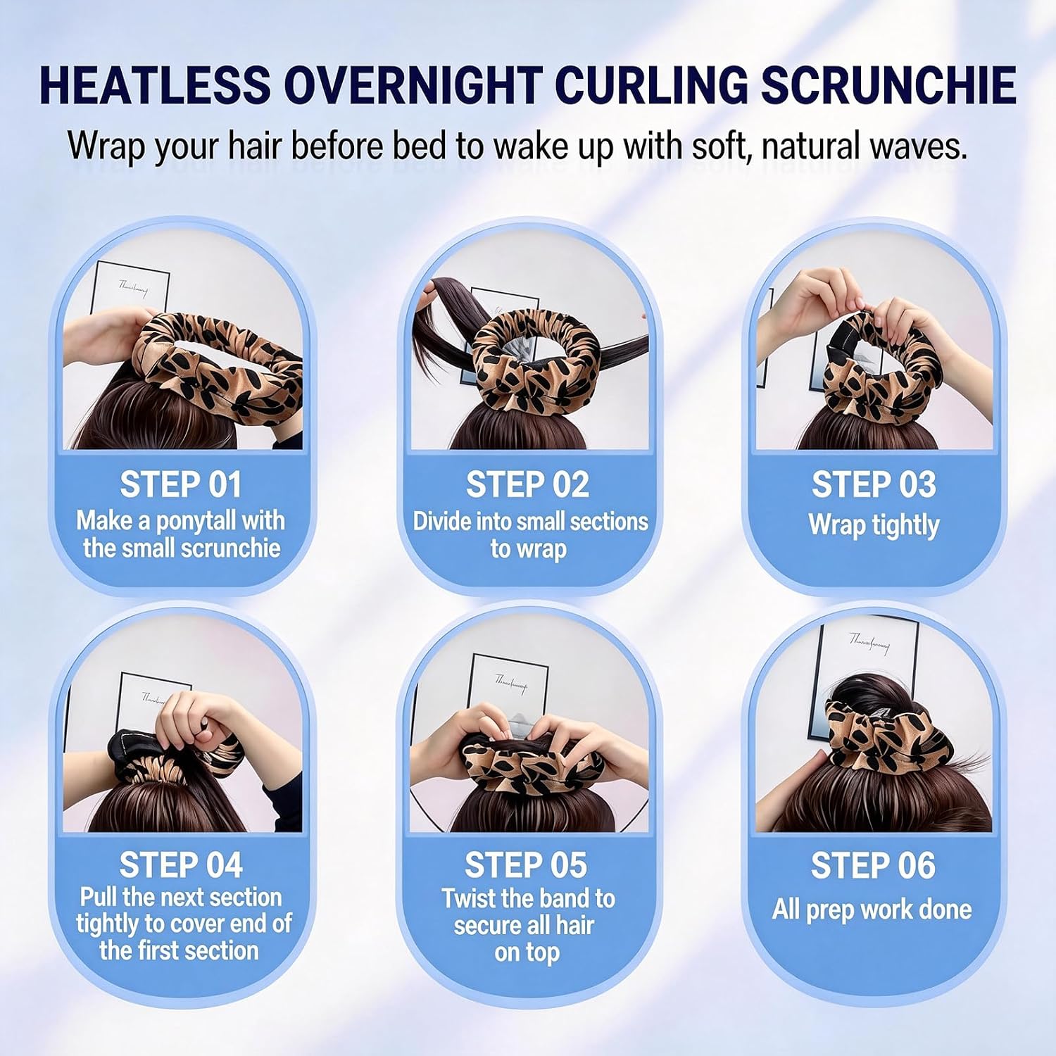 Black and Leopard Print, Heatless Curls Hair Elastics for Sleeping, Damage-Free Soft Rollers, Overnight Curling Sleepyties, Perfect for Long Hair
