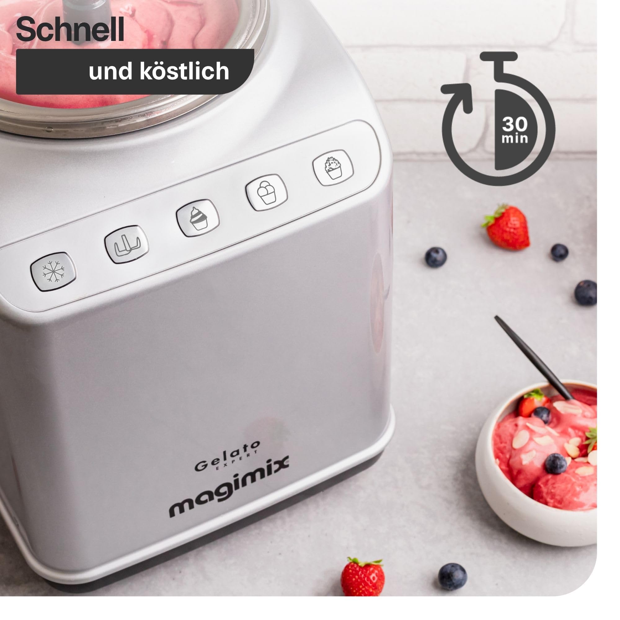 magimix Eismaschine mit Kompressor – Gelato Expert - 3-in-1 Eismaschine für Hausgemachtes Eis, Soft-Eis, Granita – Selbstkühlend ohne Vorkühlen – 2 x 2L Edelstahlbehälter – 140W – Made in Italy