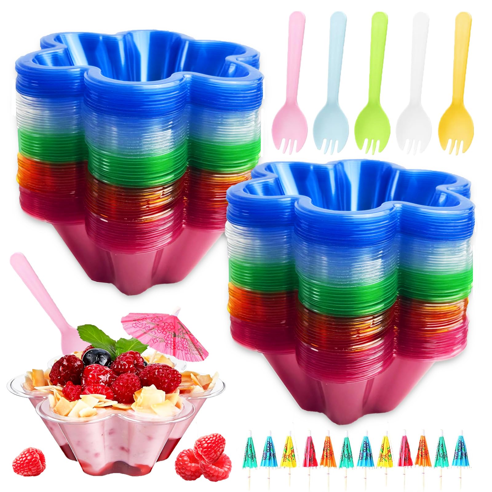 Huaerle 150 Pieces Ice Cream Cups and Spoon with Paper Umbrellas, Colorful Small Plastic Dessert Bowls Snack Ice Cream Cups for Holiday Party Summer Cookout Kids Birthday, 8 OZ