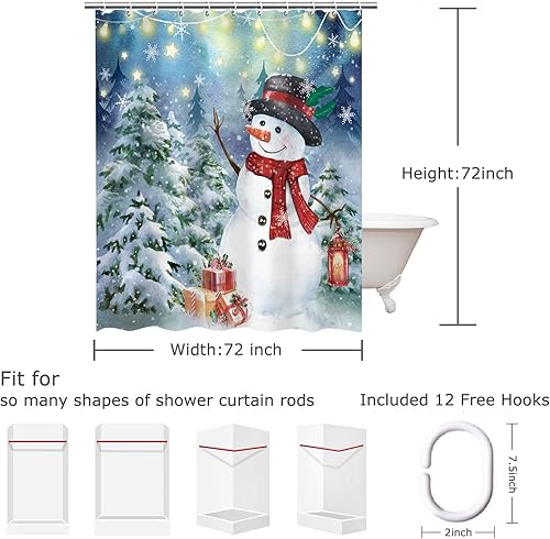 Miniatura 6 de LIVILAN Cortina de ducha de Navidad, juego de cortinas de ducha de muñeco de nieve con 12 ganchos, cortinas de ducha de nieve navideñas para baño,