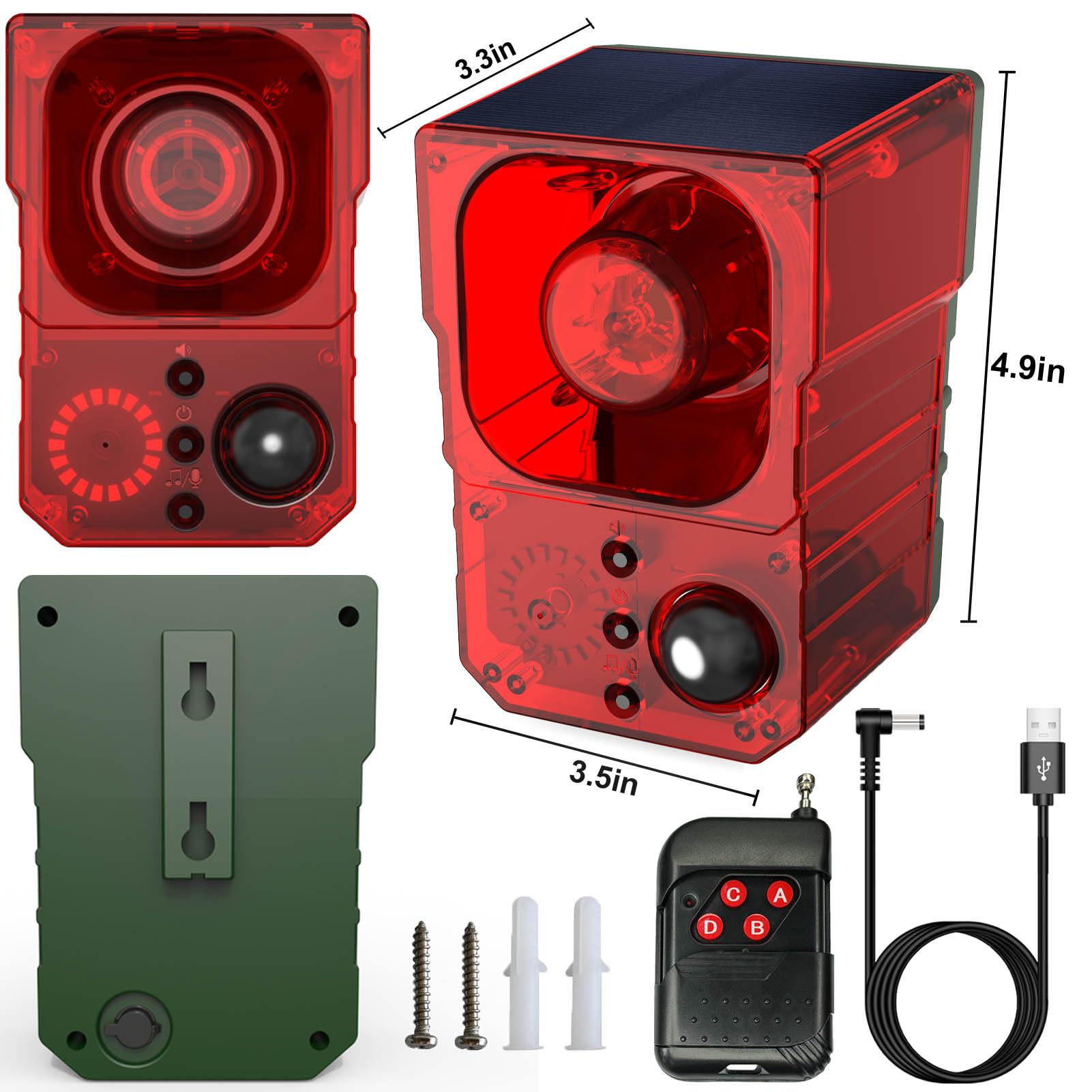 Alarma solar con sensor de movimiento para exteriores – sonidos de ladridos de perros, disparos y sirena para exteriores e interiores. Fabricante de ruido fuerte de 130 db. Luz