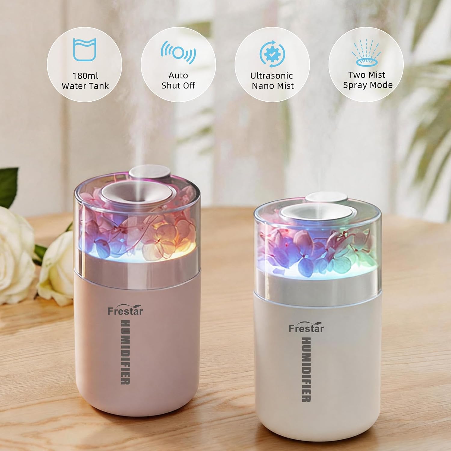 USB Mini Preserved Flower Humidifier 180ml with 7 Colors LED Night Light, Personal Humidifier with No Noise Suitable for Small Room, Office, Car, Bedroom and Baby’s Room and No Battery (White)