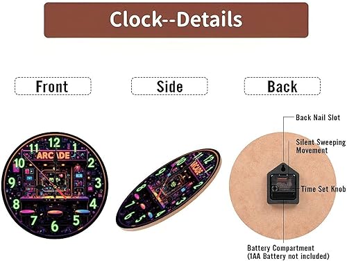 Miniatura 6 de Lancholy Mini reloj arcade retro de arte neón de madera de 10 pulgadas, movimiento silencioso, funciona con pilas (AA pilas no incluidas),