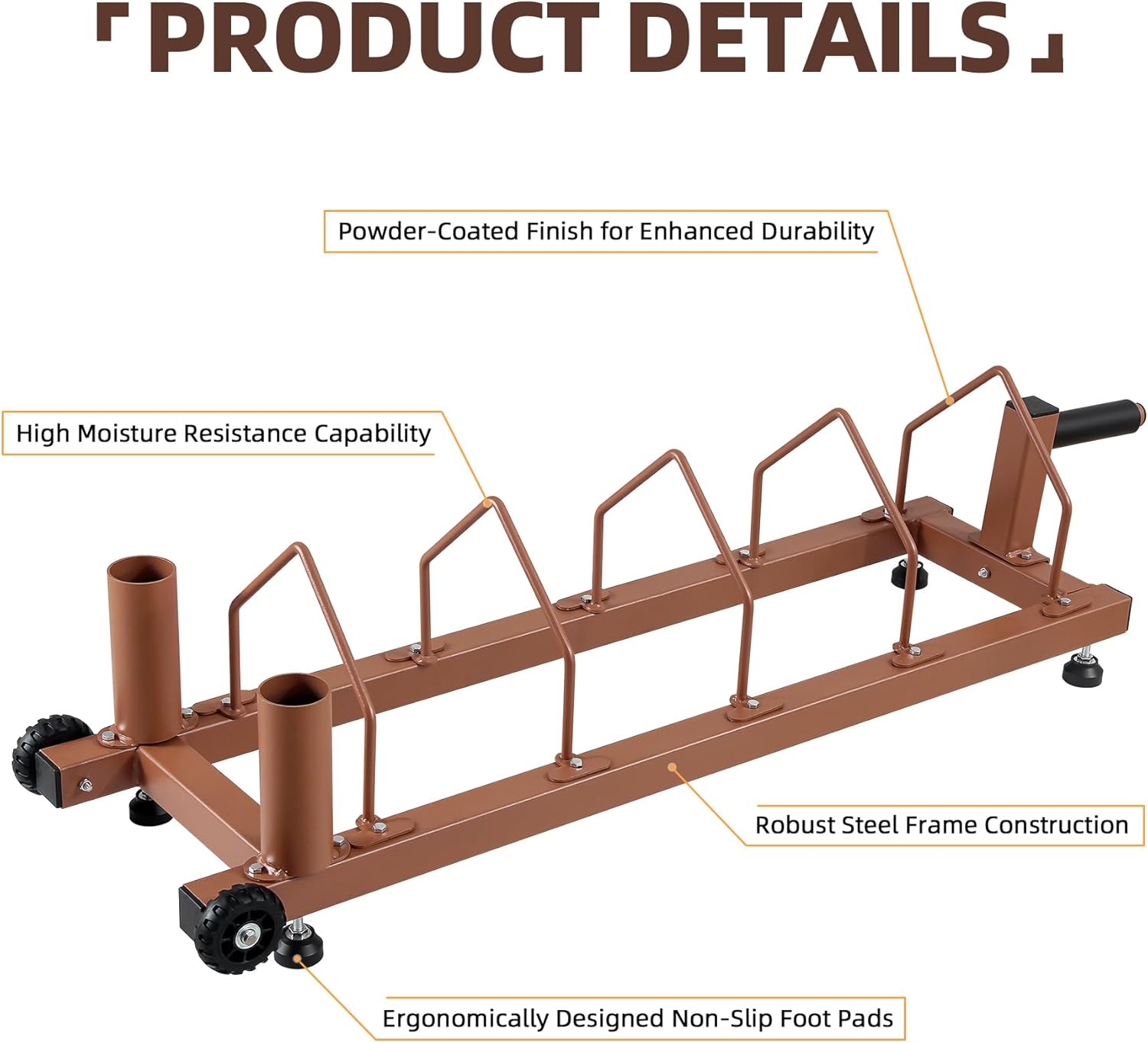 Olympic Barbell Plate Organizer with Steel Frame for home or gym,Horizontal Plate with Handle and Wheels, 300LBS Capacity, Brown