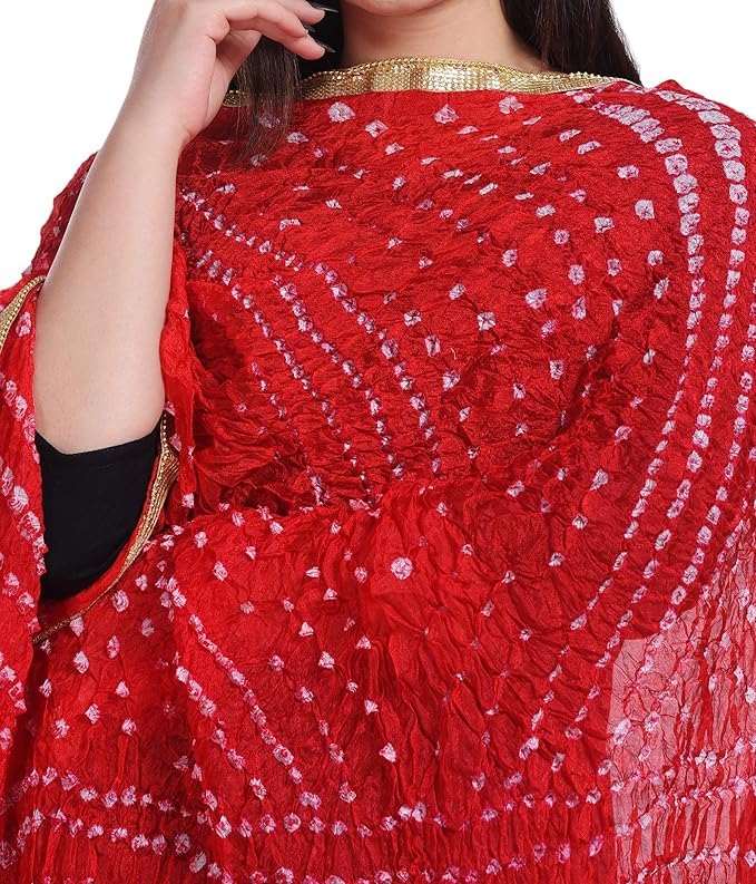 PK HUB Women’s Jaipuri Art Silk Bandhej Dupatta – Rajasthani Bandhani Multi Colour with Gota Patti Lace, 2.25m Length, Ethnic Traditional Dupatta (Red Glitter) 2