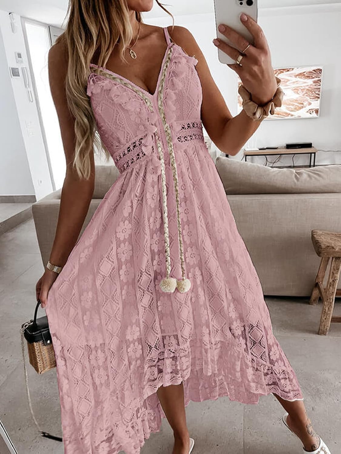 CUPSHE Women's Summer Dresses Sleeveless Lace Casual Tassel Beach Spaghetti Straps Flowy Maxi Sun Dress - Image 2
