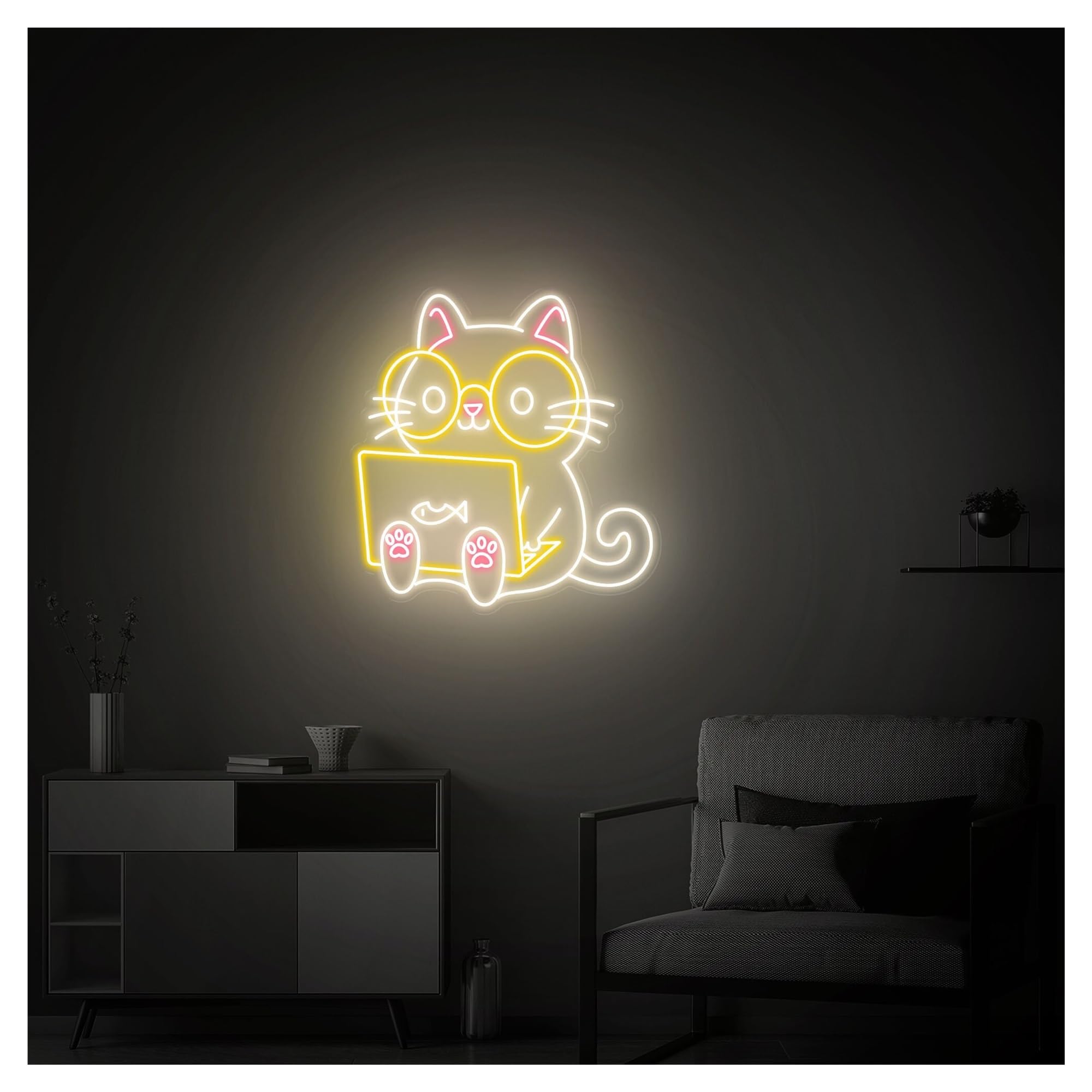 RONGCH Hanging Art Neon Signs Working Cat Neon Sign, Cute Animal Suitable for Home Decor with Brightness Adjustable 55cm(A)