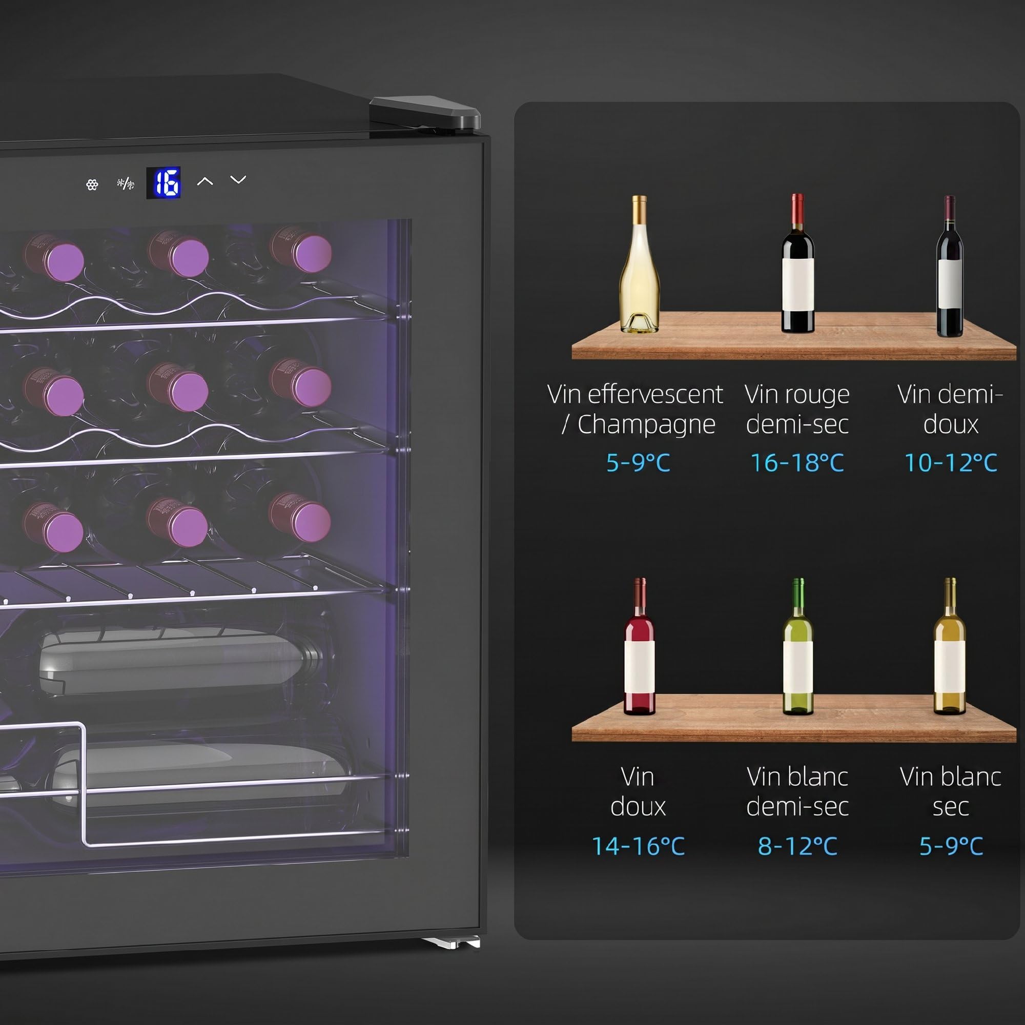 HOMCOM Cave à Vin 16 Bouteilles 42L, Réfrigérateur à Vin et Boissons avec Température Réglable 5-18°C, Porte en Verre Trempé, Étagères Ajustables, Écran Tactile, Éclairage LED, Noir