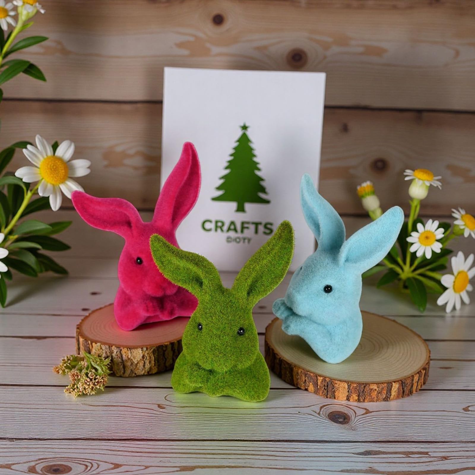 Statuina con Testa Conigli floccati, Scultura Conigli in Finto Muschio per espositore da Tavolo e Decorazioni per Giardino delle Vacanze Pasqua, Ornamento dei Coniglietti Pasqua