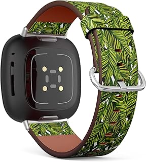 CJBROES Replacement Leather Watch Band, Compatible with Fitbit Versa 3 and Fitbit Sense of Wristband Bracelet Accessory - Watercolor Tropical Leaves