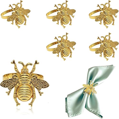 Juego de 6 servilleteros con diseño de abeja dorada para bodas, jardín, fiestas, decoración de mesa de granja