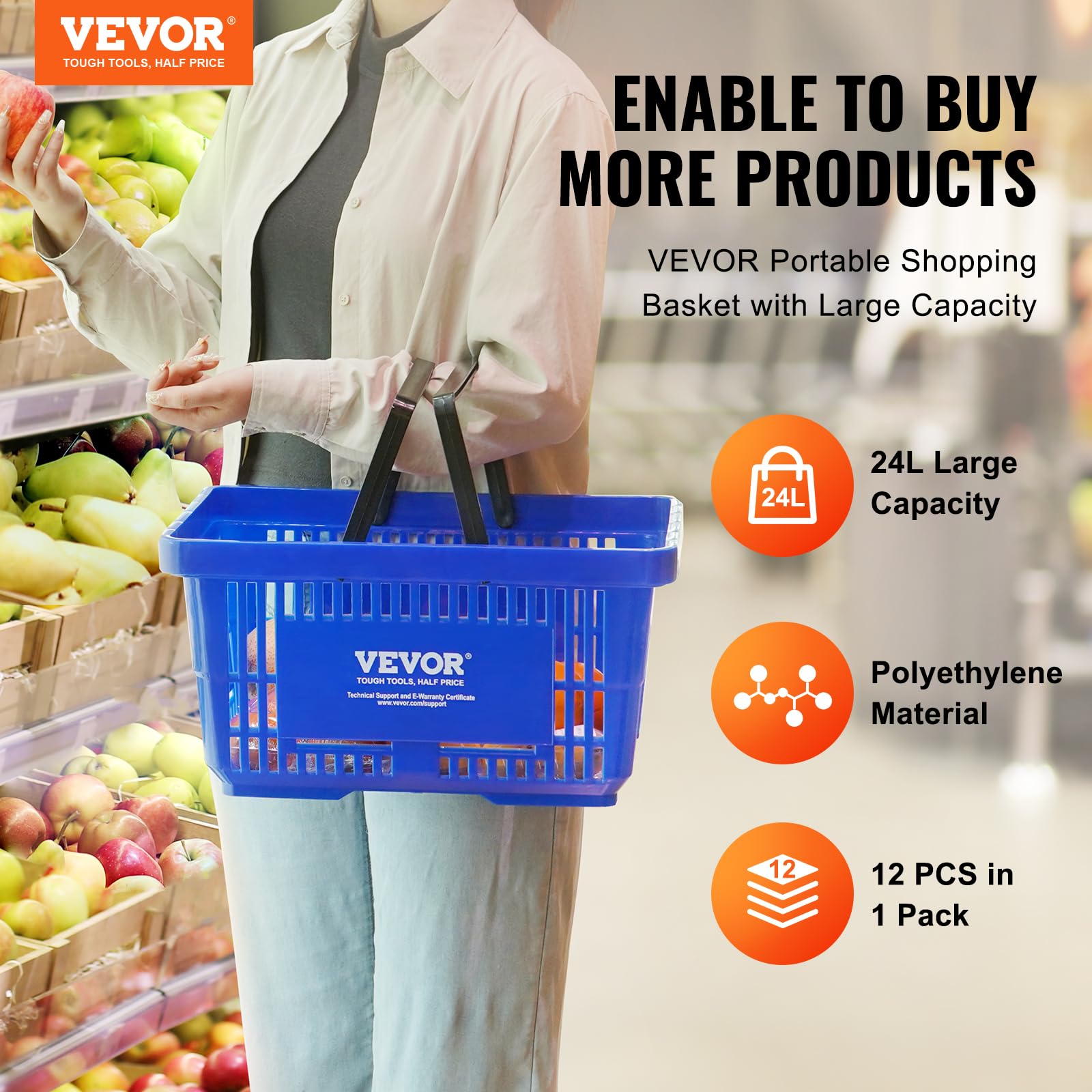 VEVOR Panier de courses, panier à provision en plastique durable 21 L avec poignée grise et support, 420x300x210 mm, panier d'achat pour magasins de détail, supermarchés, courses, rouge
