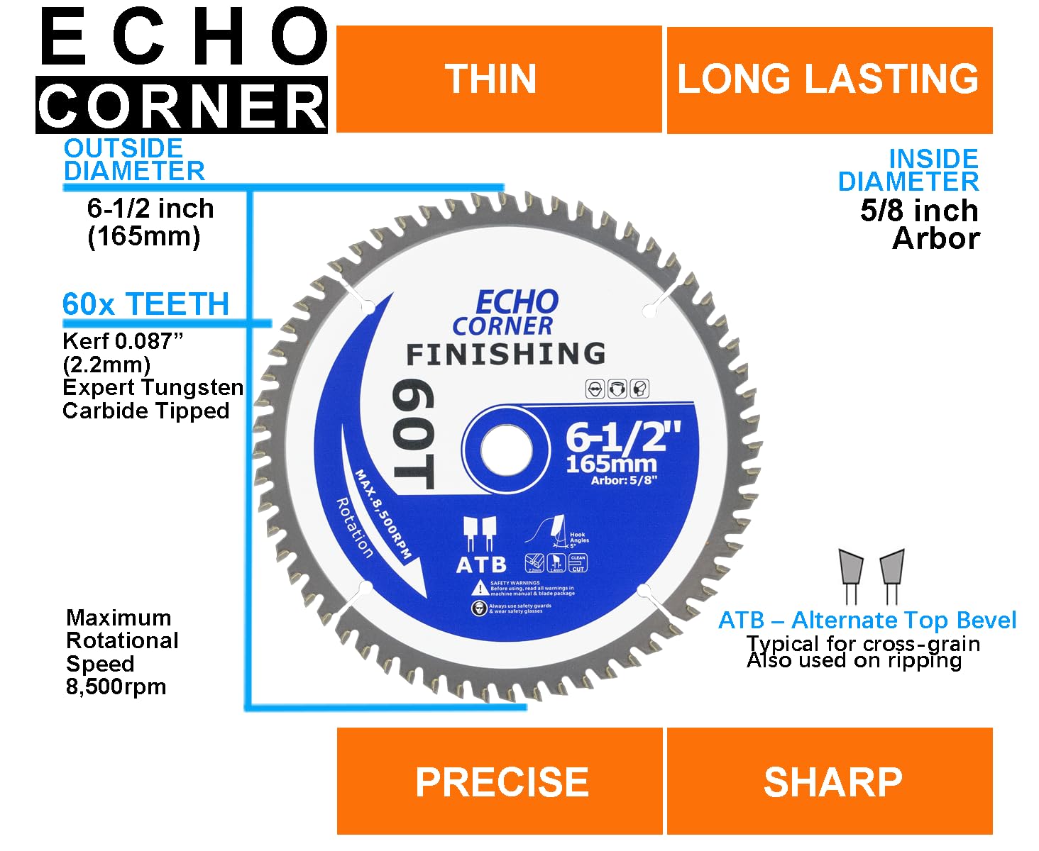 6-1/2 Inch Ciruclar Saw Blade Heavy Duty 24T/60T Combo Pack, Fast Finishing Fine Cut Crosscut Framing Ripping Laminate Plywood Plastic Lumber, 5/8" Arbor