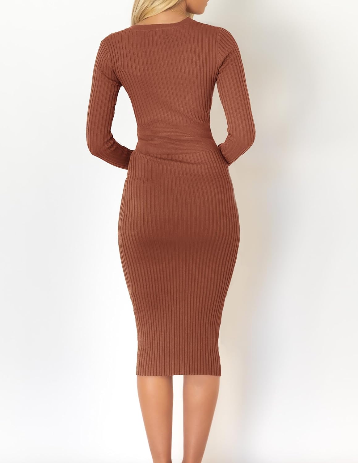 ZESICA Women's 2026 Spring Sweater Dress V Neck Long Sleeve Ribbed Knit Tie Waist Bodycon Slim Fit Midi Dresses - Image 8