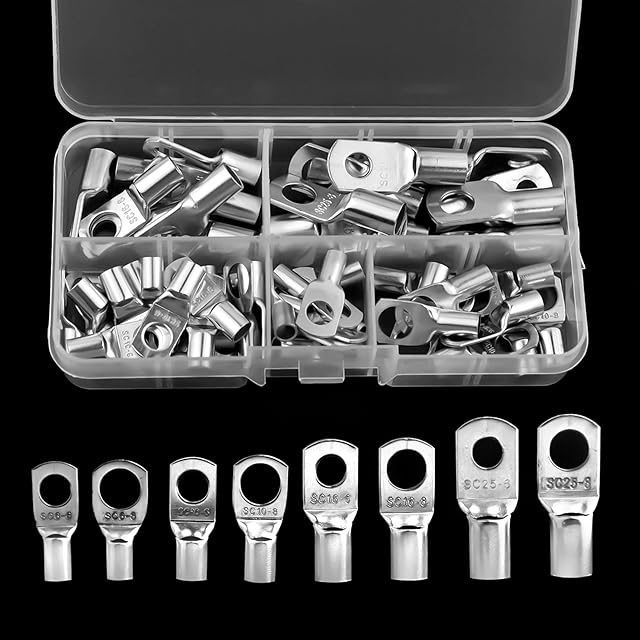 THETAG 60PCS Bolt Hole Tinned Copper Terminals Set, Wire Terminals Connector Cable lugs Ring Battery SC Terminals End Kit with Storage Box for Marine, Automotive, Electric