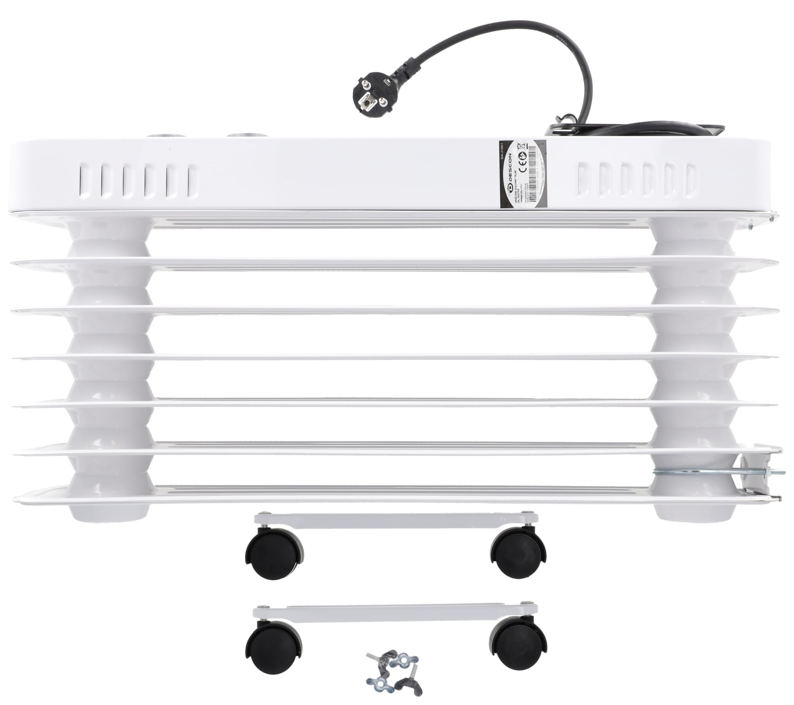 Radiador de aceite DESCON DA-J1501, 1500 W, 7 costillas, control de temperatura, termostato, tres niveles de calor, ruedas de transporte, compartimento para guardar cables, protección antivuelco