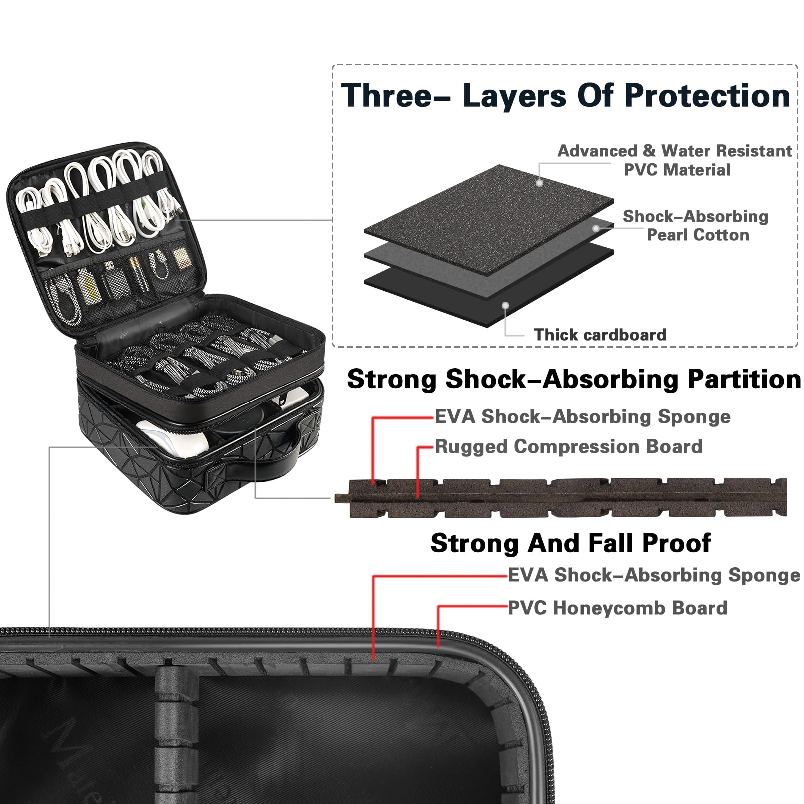 MATEIN Cord Organizer Case with Adjustable Divider, DJ Cable File Bag for DJ Gear, Sound Instrument and Music Equipment Accessories, Shockproof Portable Double Layer Cord Bags, Black