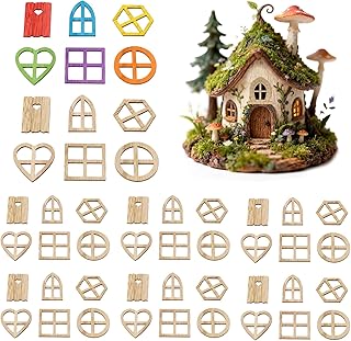 50pcs Doll House Windows Doors Craft Kit, Fairy Door Windows Wood, DIY Miniature Garden Doors Window Fairy House Accessories for Garden Tree Home Party Decor