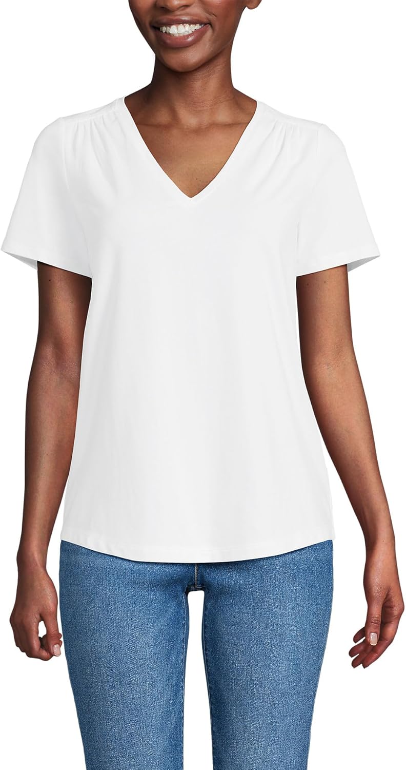 Lands' End Women's Short Sleeve Lightweight Jersey Gathered Shoulder T-Shirt