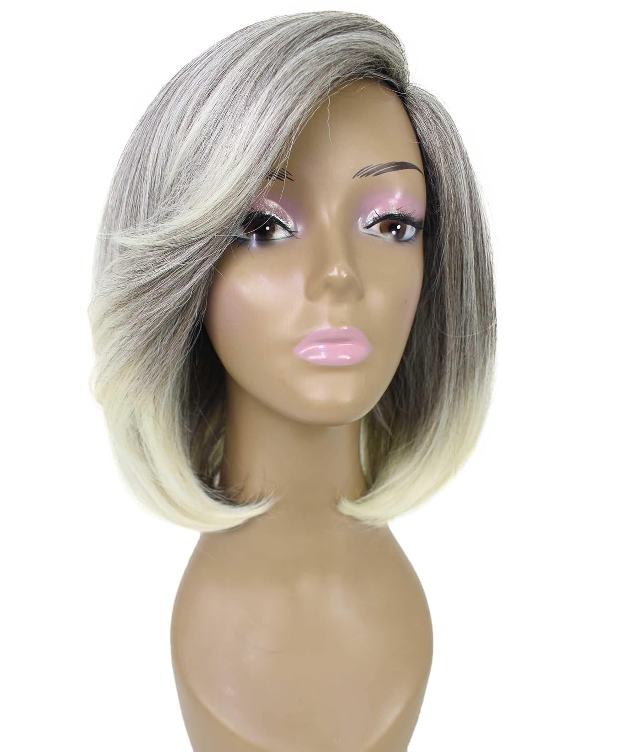 LUXLUXE Kennedy Straight Layer 12 in Long Full Wig Full Cap Wig, Heat Resistant Fibers, Multiple Shades of Natural, Dip Dyed, & Blended Colors (#T4/613 - Gray with Light Blonde Highlights)