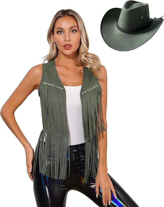 Jugaoge Dames western cowgirl kostuum suède vest met franjes cowboyhoed retro hippie cosplay motto party outfits bruin S