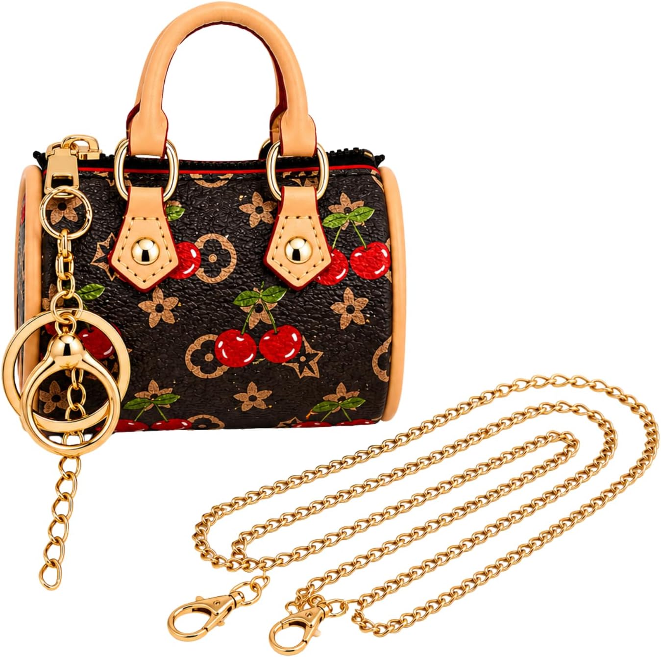 Cute Mini Purse Keychain for Women, Cherry Print Coin Purse & Bag Charm with Key Ring