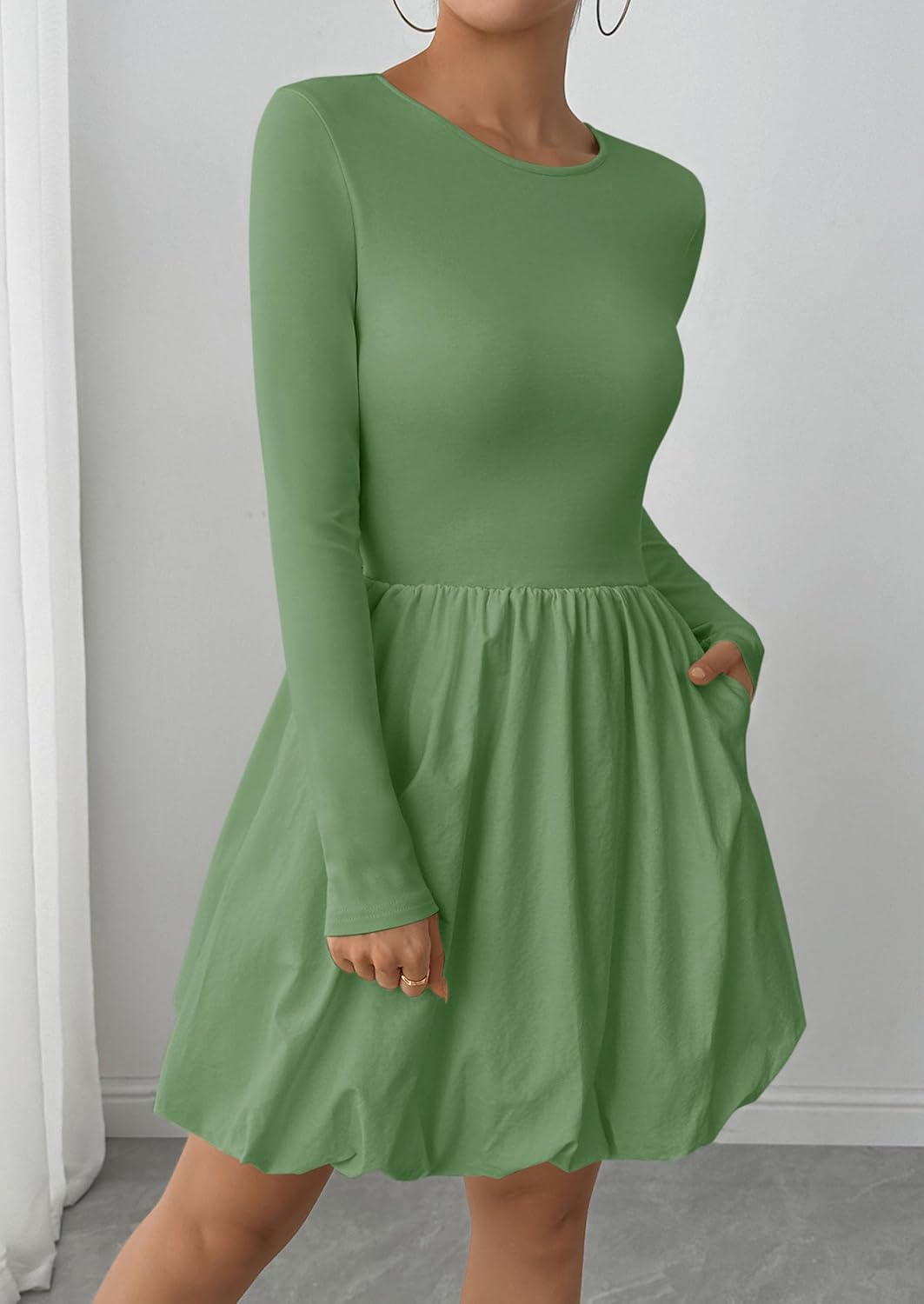 PRETTYGARDEN Fall Dresses for Women 2026 Casual Long Sleeve Bubble Cute Crew Neck A Line Mini Short Dress with Pockets - Image 7