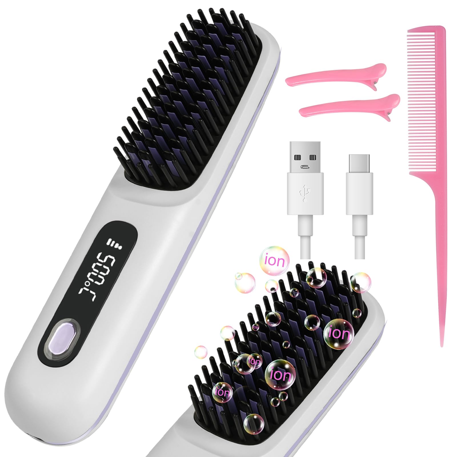 LOPHE Glättbürste Kabellos,Tragbare Mini Glätteisen Haarglättungsbürste mit LED-Bildschirm 3-Stufen Temperatur Wiederaufladbar Straightener Brush für Haar und Das Styling Von Bart,Weiß