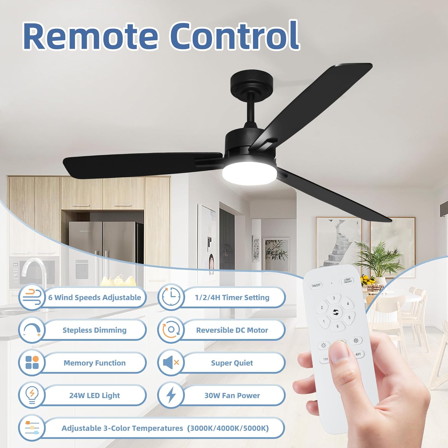Image of the hykolity ceiling fan remote control with labeled buttons for fan speed, light control, timer, and reversible motor function.