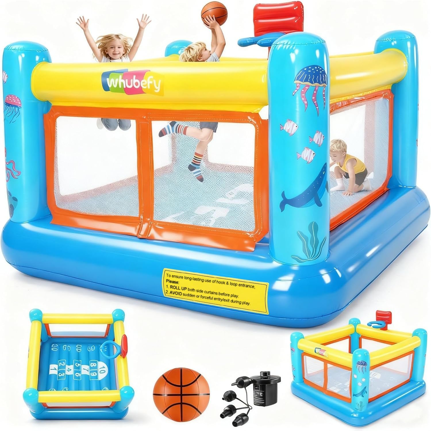 AKEYDIY Bounce House, PVC Inflatable Bounce House for Kids 3-6, Indoor Outdoor Toddler Bouncy House, Jumping Castle with Basketball Hoop, Game Map, Air Pump Included