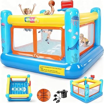 AKEYDIY Bounce House, PVC Inflatable Bounce House for Kids 3-6, Indoor Outdoor Toddler Bouncy House, Jumping Castle with Basketball Hoop, Game Map, Air Pump Included