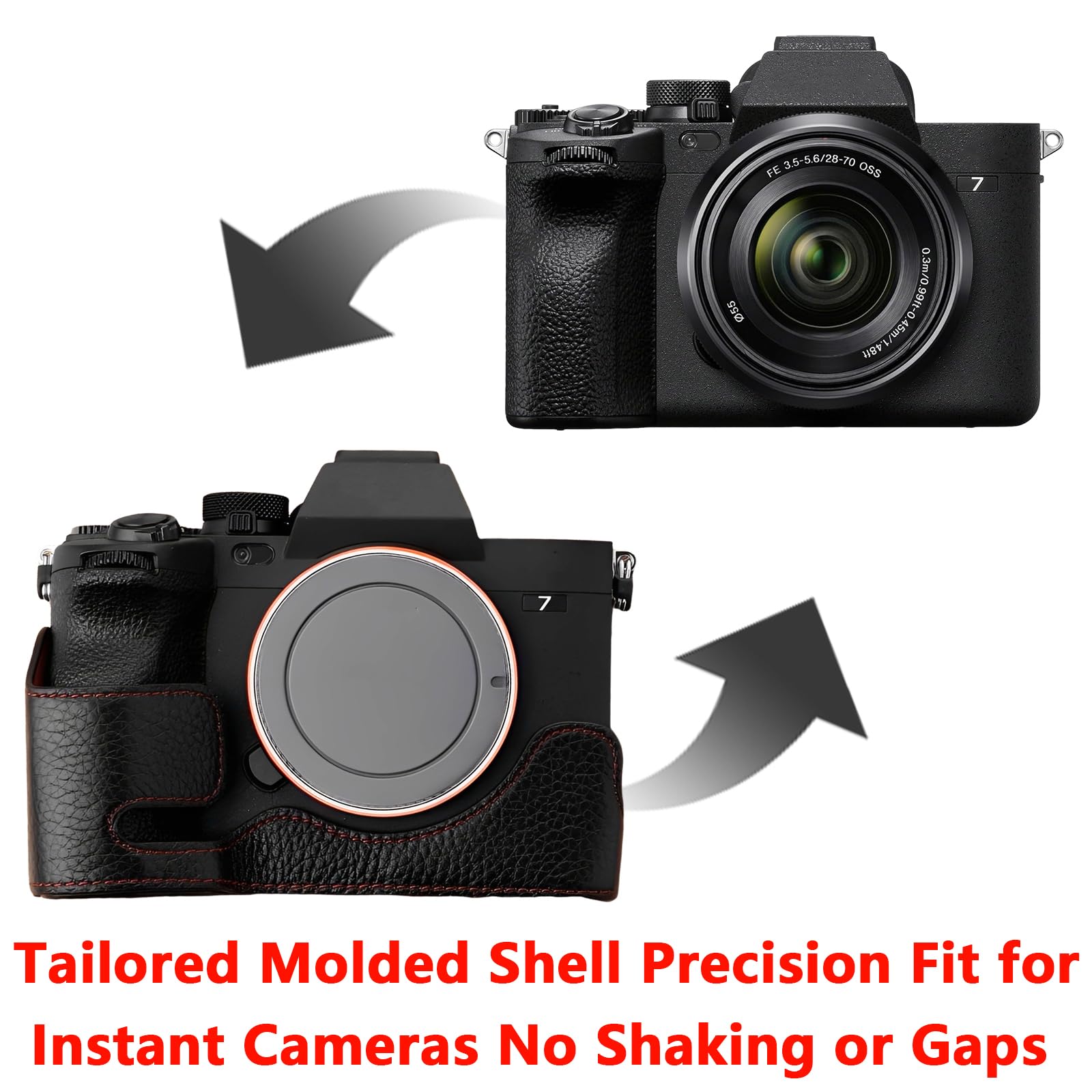 Półetui na aparat kompatybilne z Sony Alpha7Rv/A7R5/A7M4/ILCE-7M4/ILCE-7RM5, ochronny rdzeń aluminiowy, odporny na wstrząsy, ręcznie wykonany, wysokiej jakości skóra pełny dostęp, Czarny