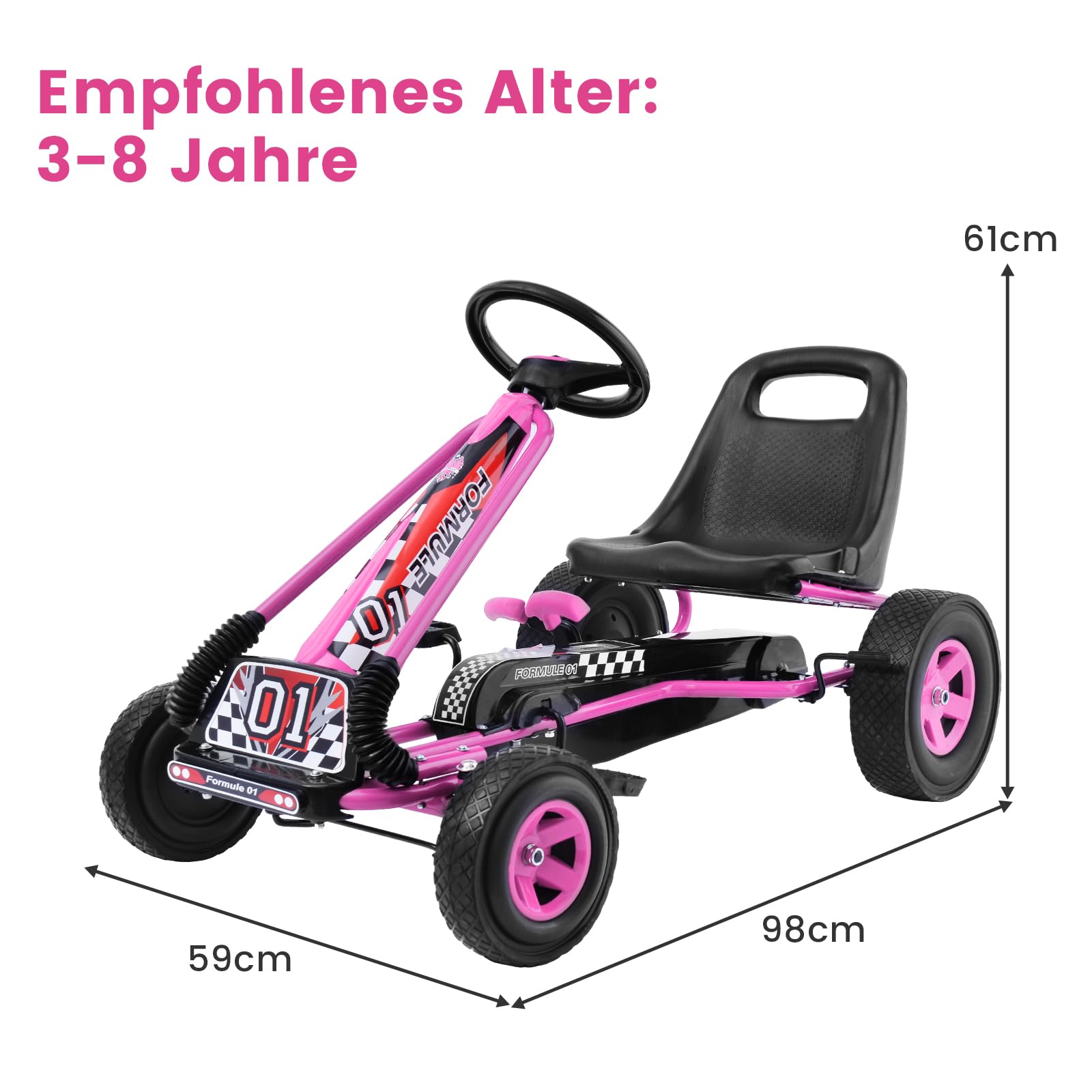 COSTWAY Gokart mit Handbremse und verstellbarem Sitz, Tretauto mit Vor- und Rückwärtsgang, Go Cart für Kinder ab 3 Jahren, Pedal Gokart Tretfahrzeug Pedalfahrzeug Kinderfahrzeug 98x59x61cm (rosa)