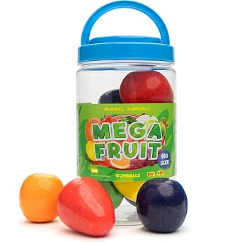 Chewing Gum for Kids - 2 Inch Jumbo Bubble Gum - 6 Pcs Mega Fruit Shaped Gumballs - Assorted Fruit Flavored Gums