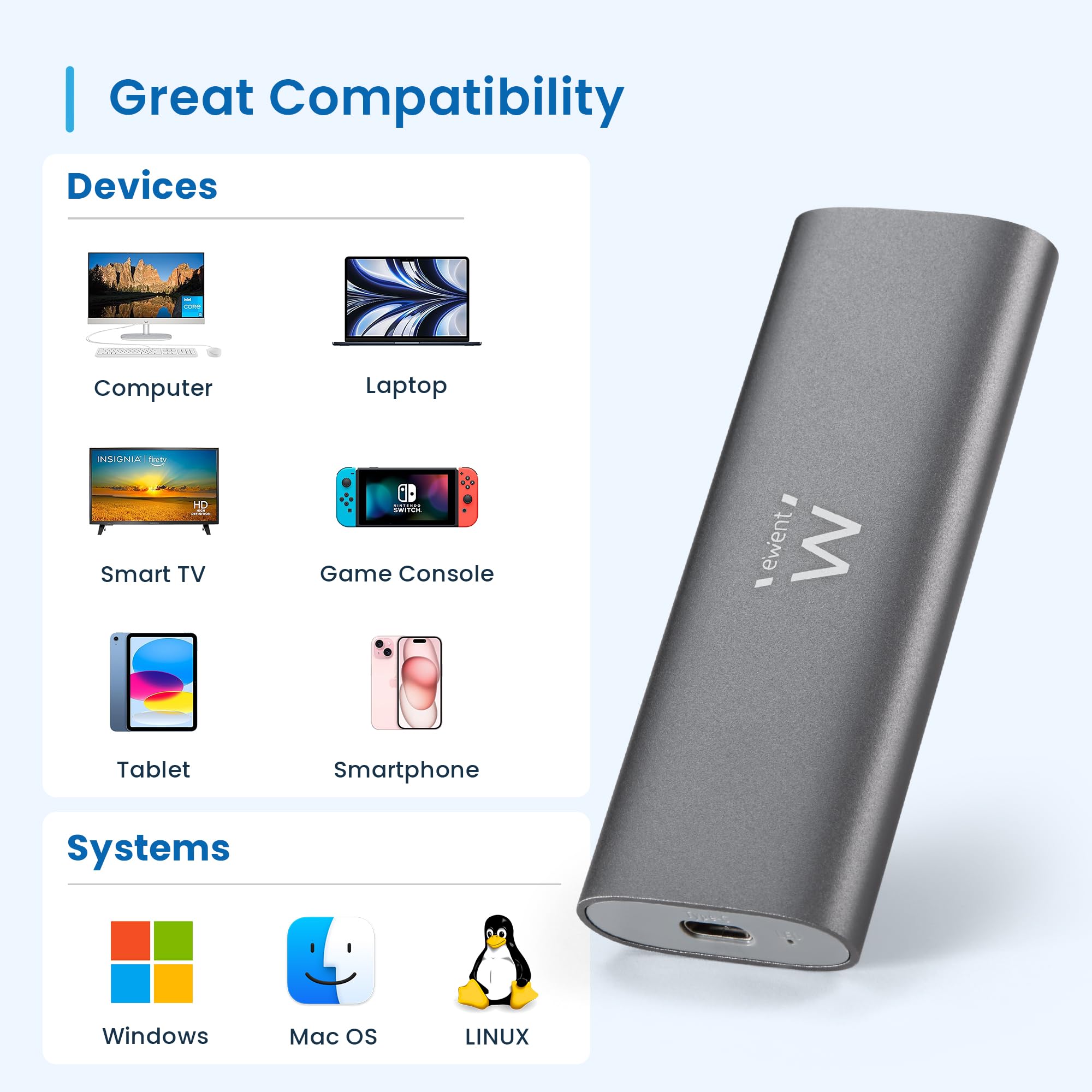 Ewent Box Esterno USB 3.2 Gen2 per SSD M.2 NVMe PCIe – Custodia Case Hard Disk in Alluminio, supporta Key M 2230-2280, velocità fino a 10 Gbps, senza viti, compatibile USB-C / A, UASP & TRIM