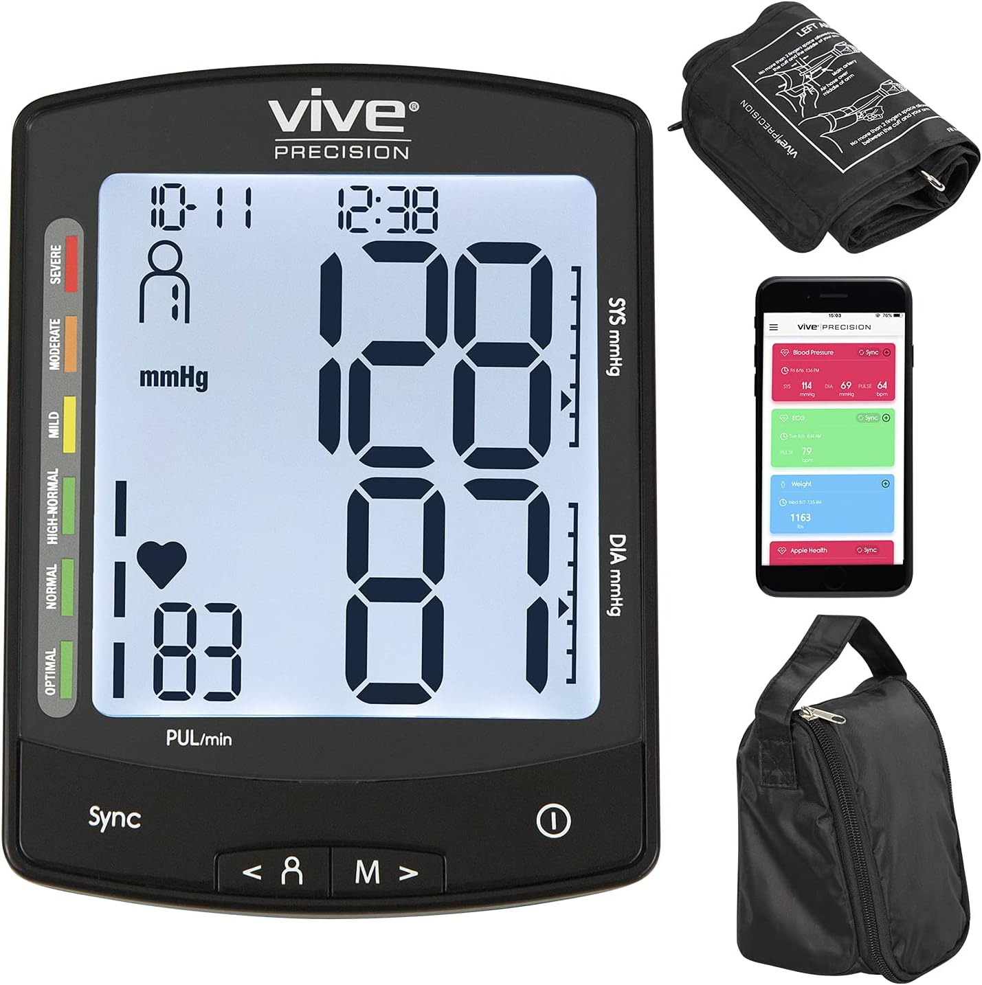 Vive Precision Automatic High Blood Pressure Measurement Kit for at Home Use - Upper Arm BP Cuff & Machine with Digital Screen to Monitor Vital Signs (Black)